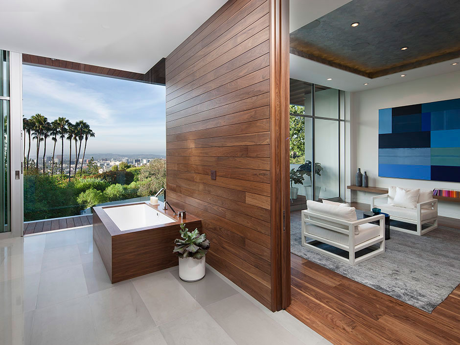 Dark colored walnut hardwood floors in a beautiful California home