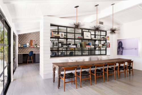 Most popular design styles: Industrial design style in dining room with European Oak Hardwood Flooring 