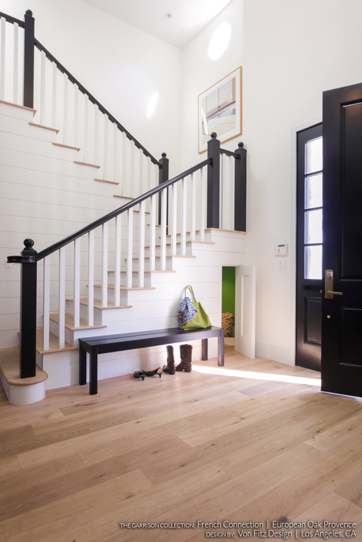 Entryway and Staircase Featuring French Connection Provence European Oak Flooring - Design By Von Fitz Design in Los Angeles, CA