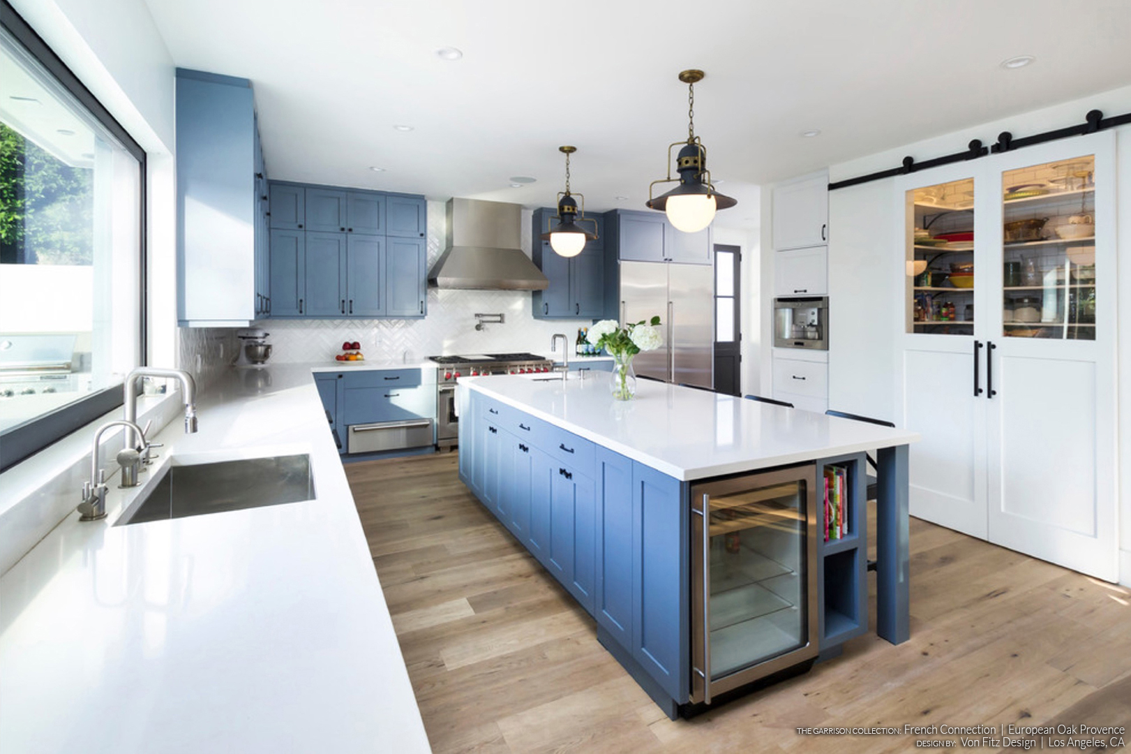 Blue Transitional Kitchen With French Connection Provence European Oak Flooring - Design By Von Fitz Design in Los Angeles, CA