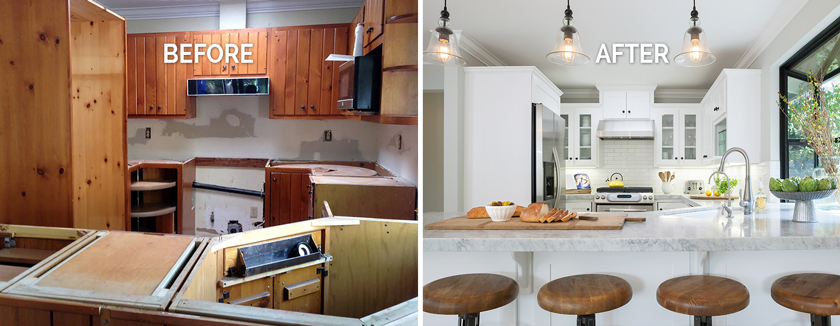 Before & After Vintage White Wash Kitchen Flooring - By Beth Dana Design in Santa Barbara, CA