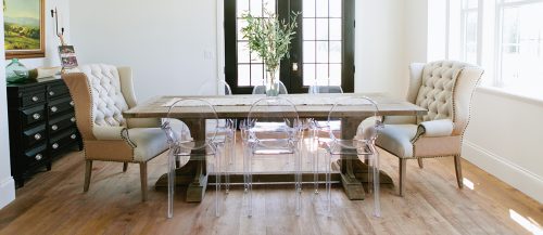 Most popular design styles: modern farmhouse design style in dining room with European Oak Hardwood Flooring