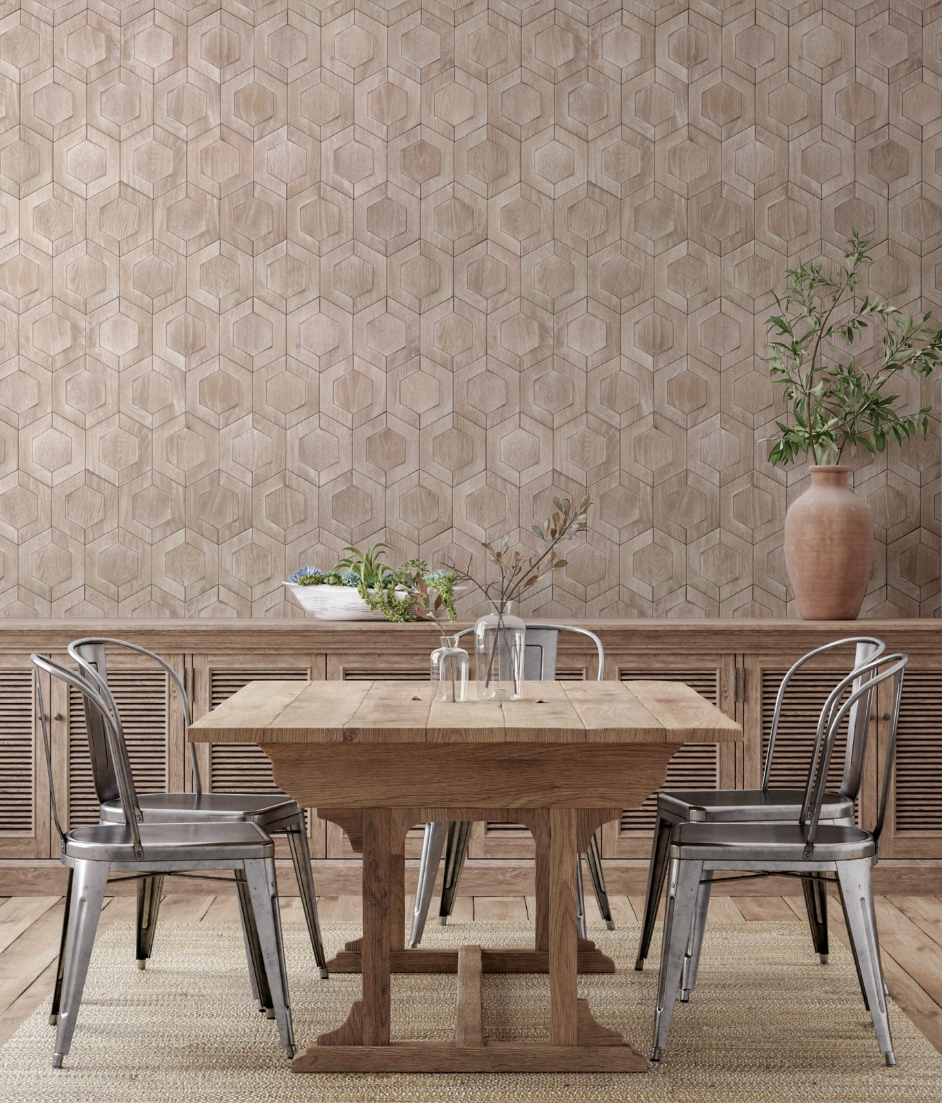 Farmhouse dining room interior, wall mockup, wall covering