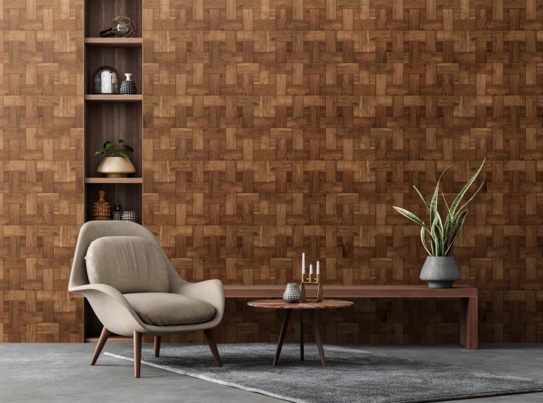 Living room interior in loft, industrial style, wall covering