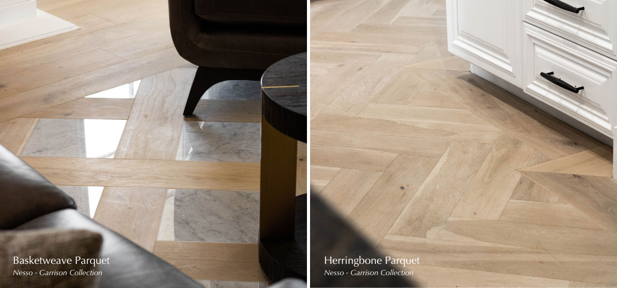 Graphic of Herringbone and Basketweave Parquet for Blog Design Spotlight - Parquet Paradise at the La Bella House - Garrison Collection