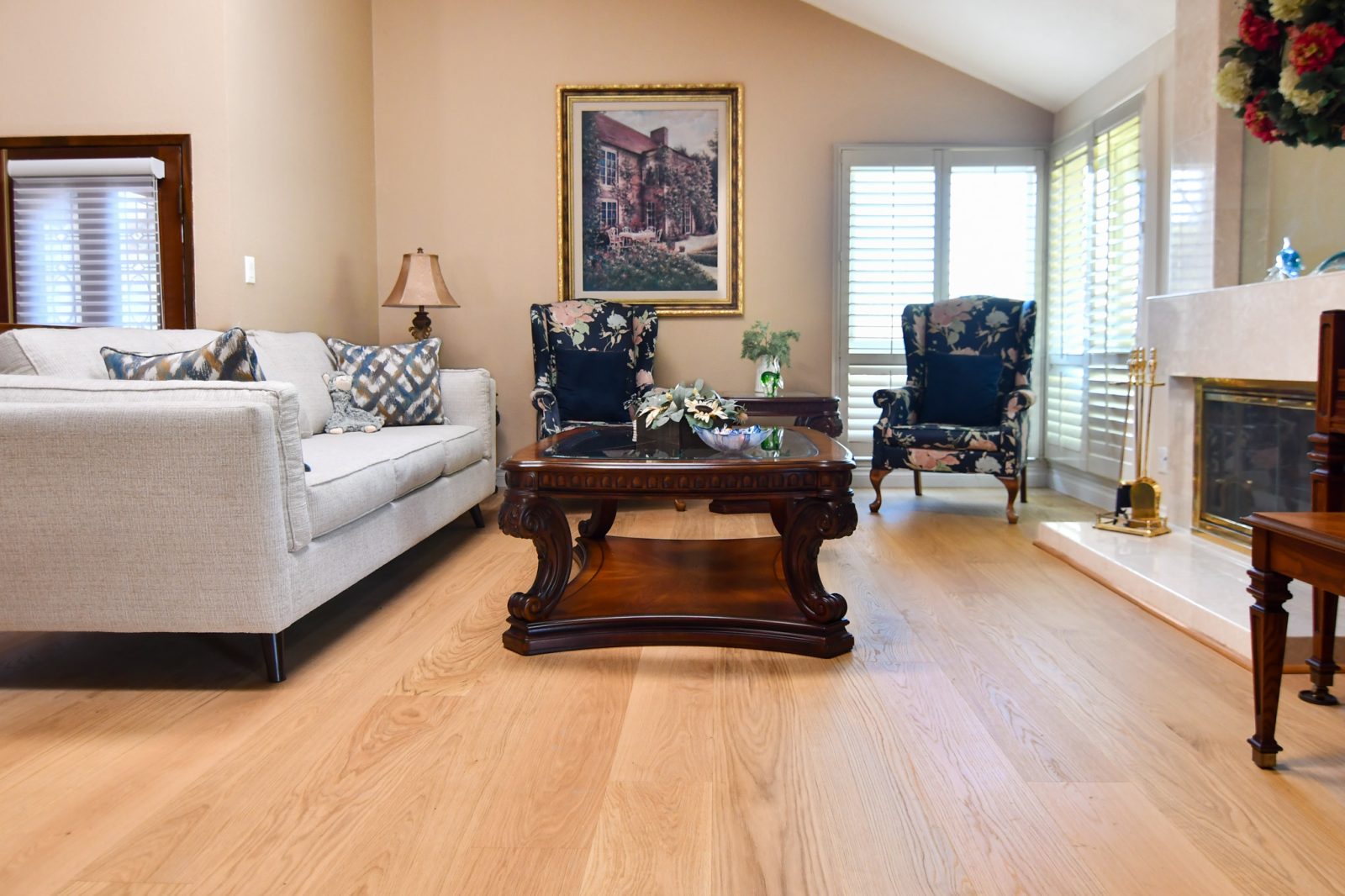 Beautiful Italian Engineered Hardwood Floors in a living room with a coffee table