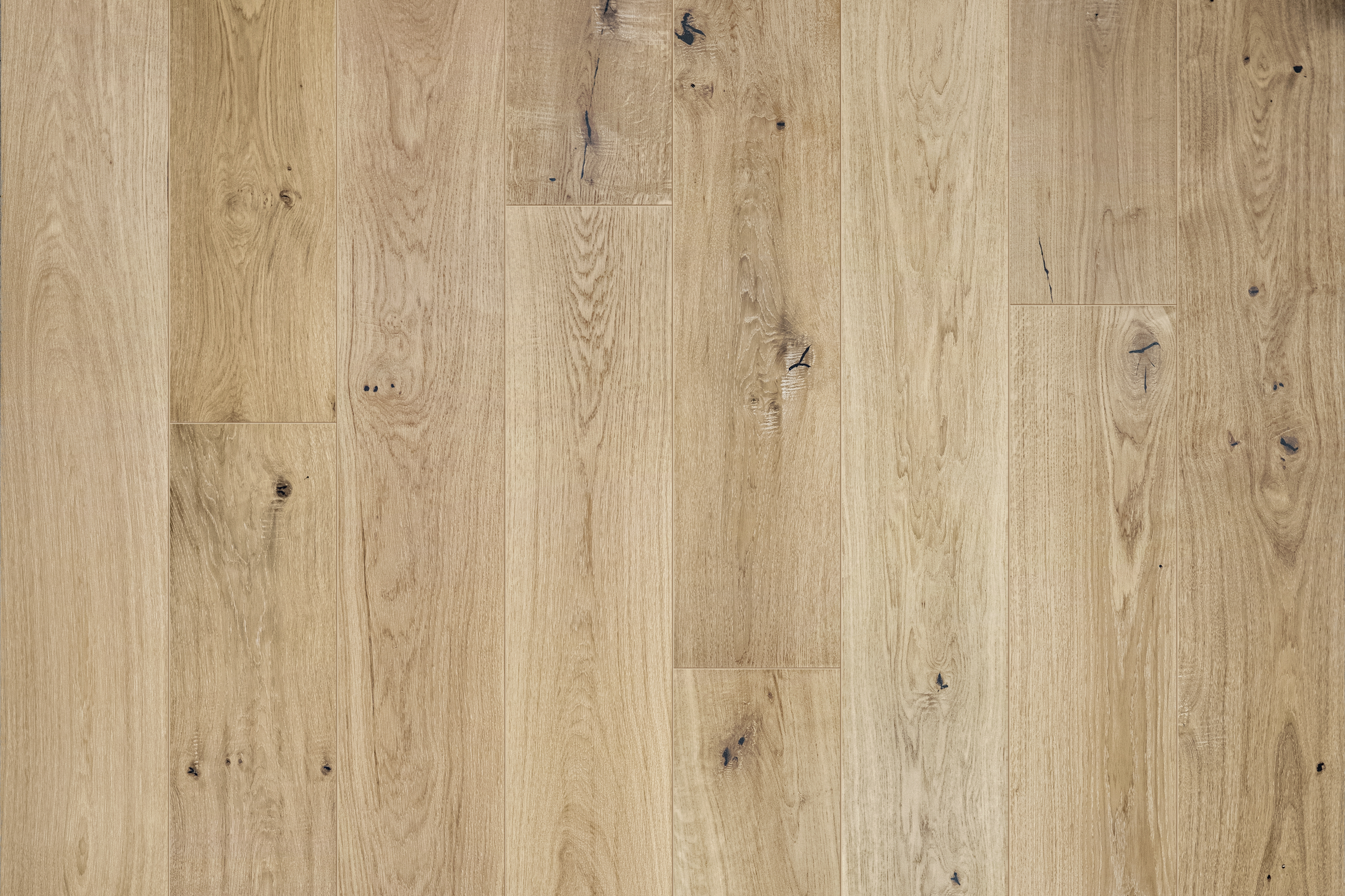 Romantique engineered hardwood flooring in light wire-brushed and hand-distressed finish, 9-1/2" width, European Oak