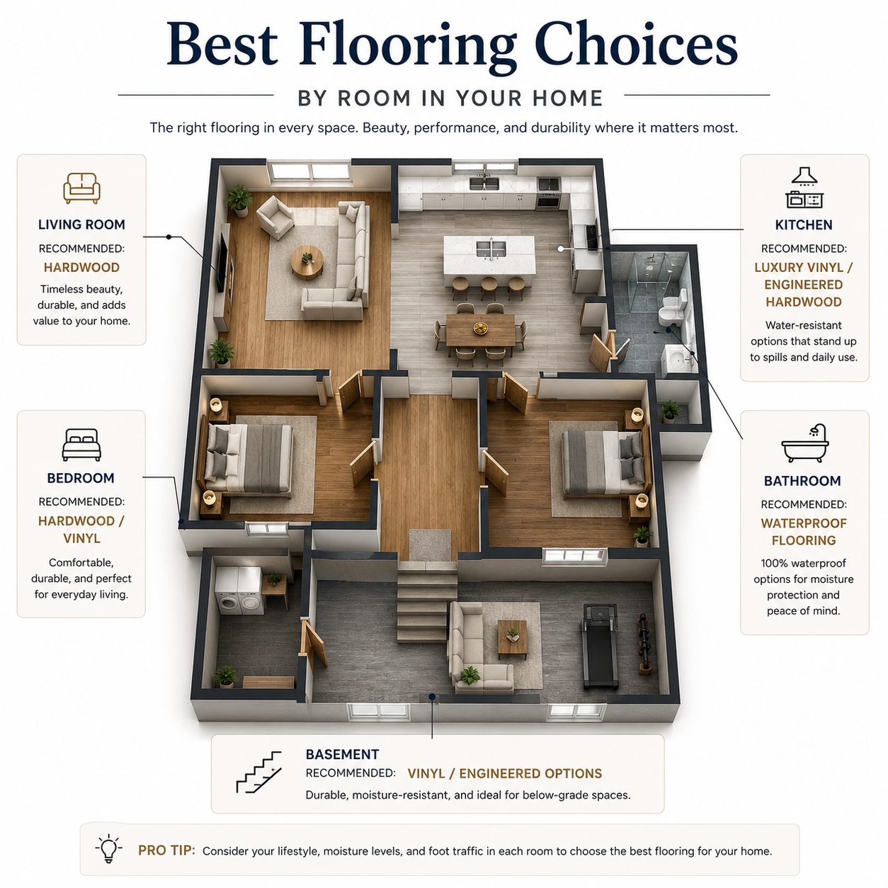 Guide showing the best flooring options for different rooms in a home