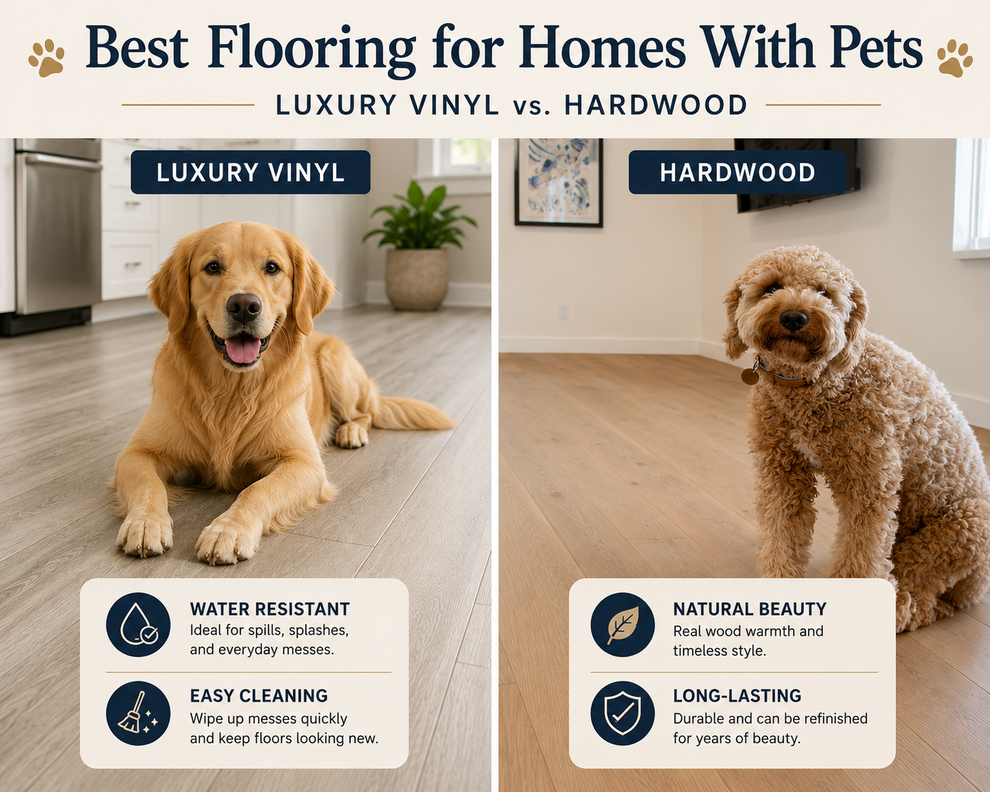 Comparison of pet-friendly flooring options including luxury vinyl and hardwood