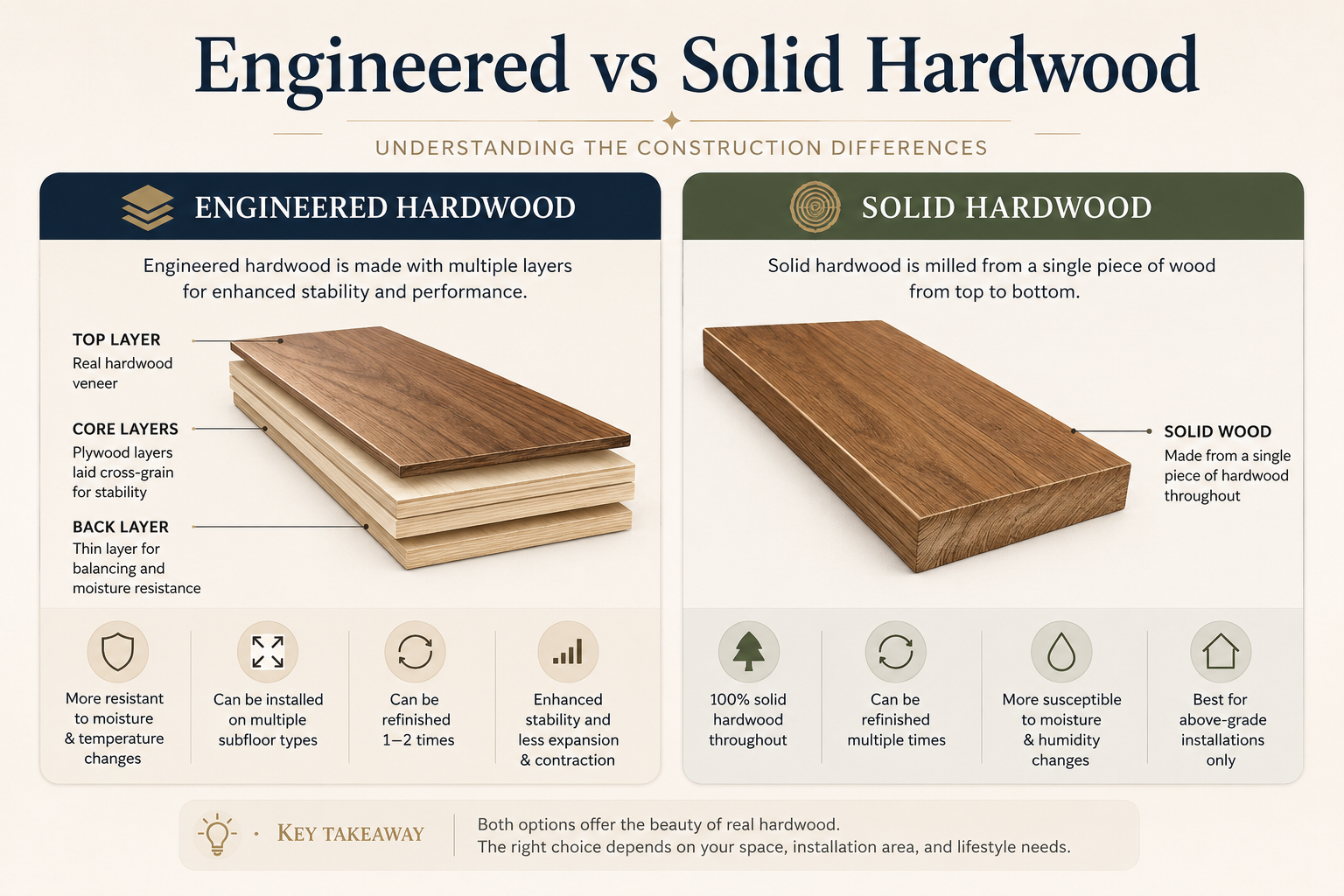 Diagram comparing engineered hardwood construction and solid hardwood flooring