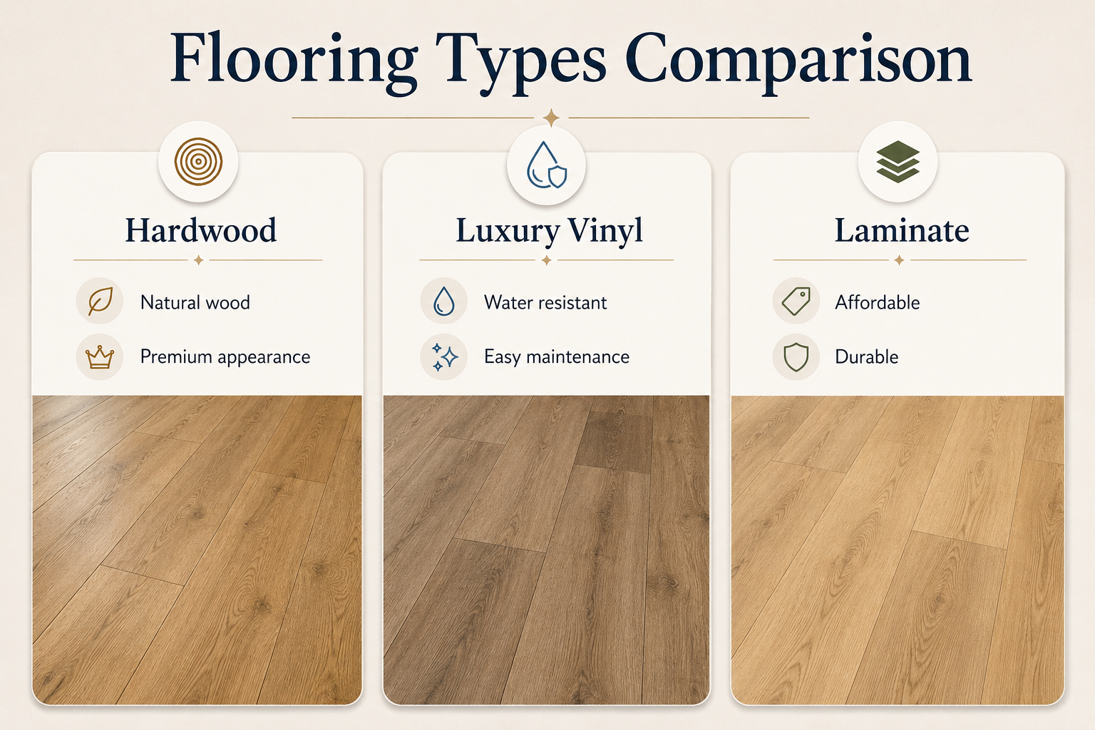 Comparison of hardwood, luxury vinyl, and laminate flooring options