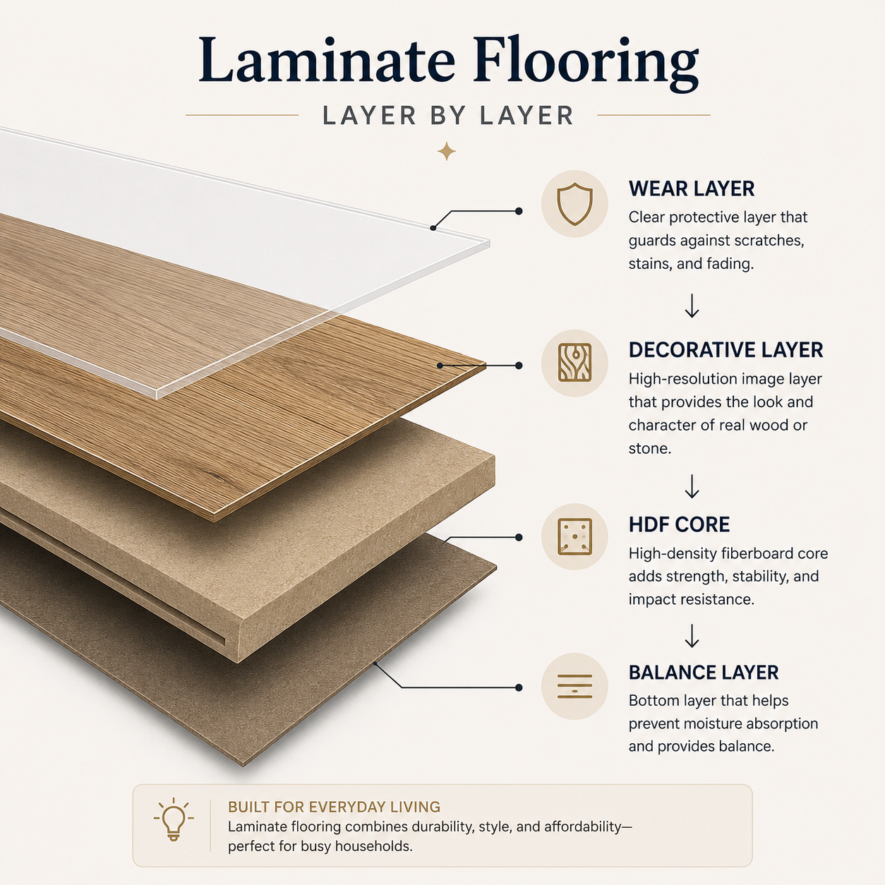 Laminate plank flooring construction showing protective wear layer and core layers